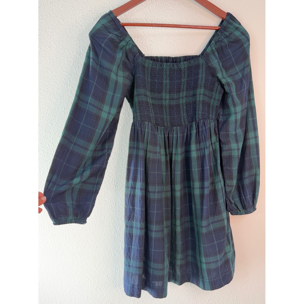 Old Navy Plaid Smocked Cutout Mini Dress Green Blue Long Sleeve Square Neck Fall